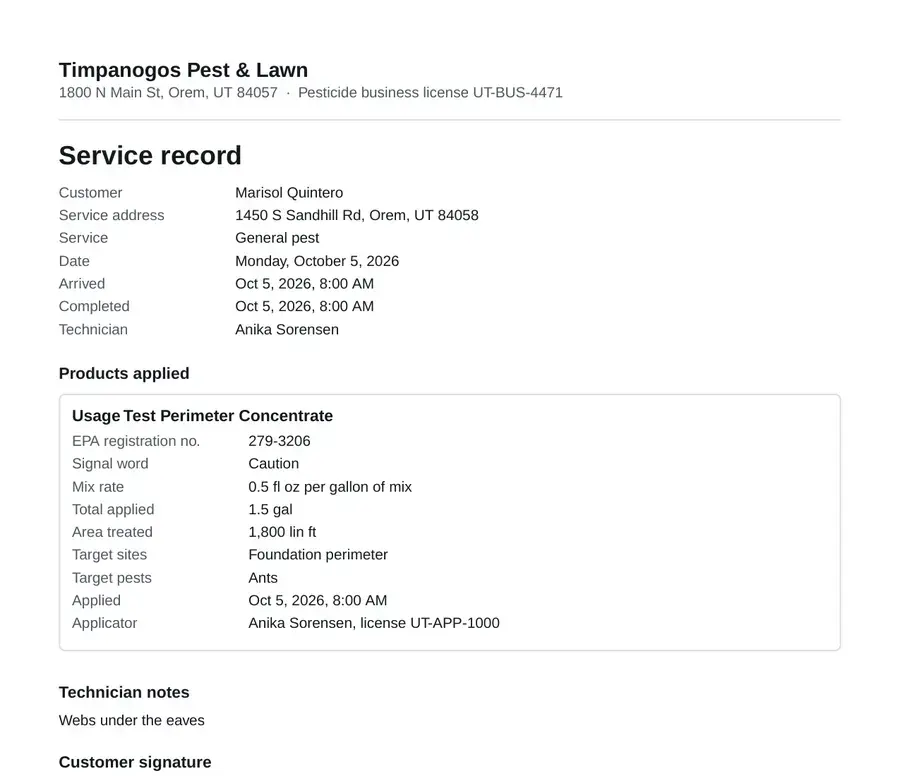 A service record PDF: business name and license at the top, then every product applied with its EPA number